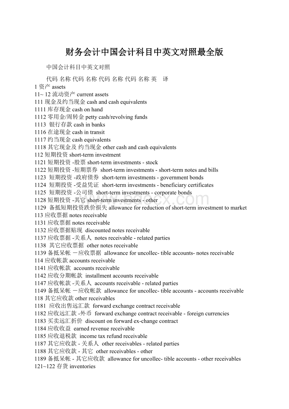 财务会计中国会计科目中英文对照最全版.docx