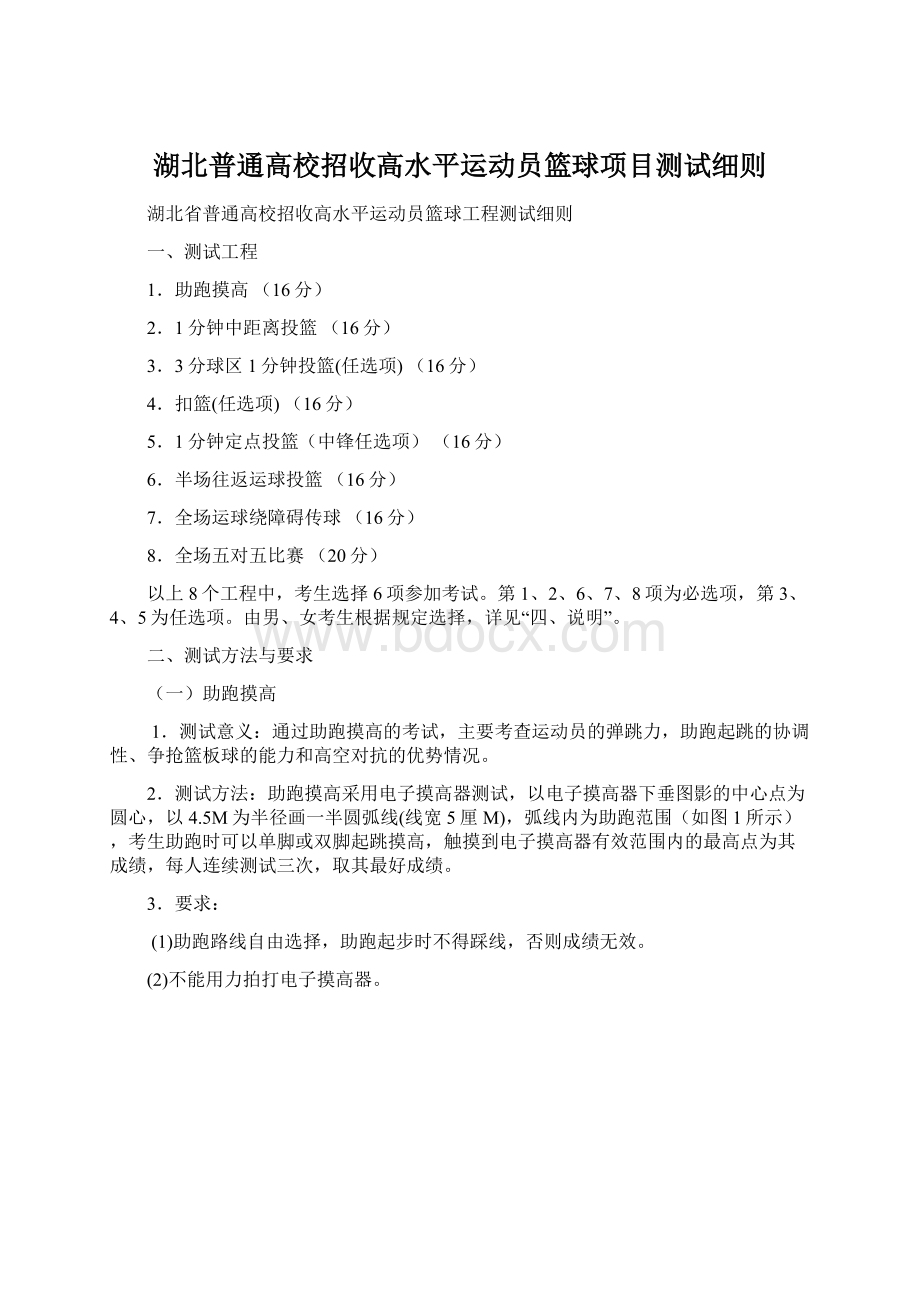 湖北普通高校招收高水平运动员篮球项目测试细则.docx_第1页