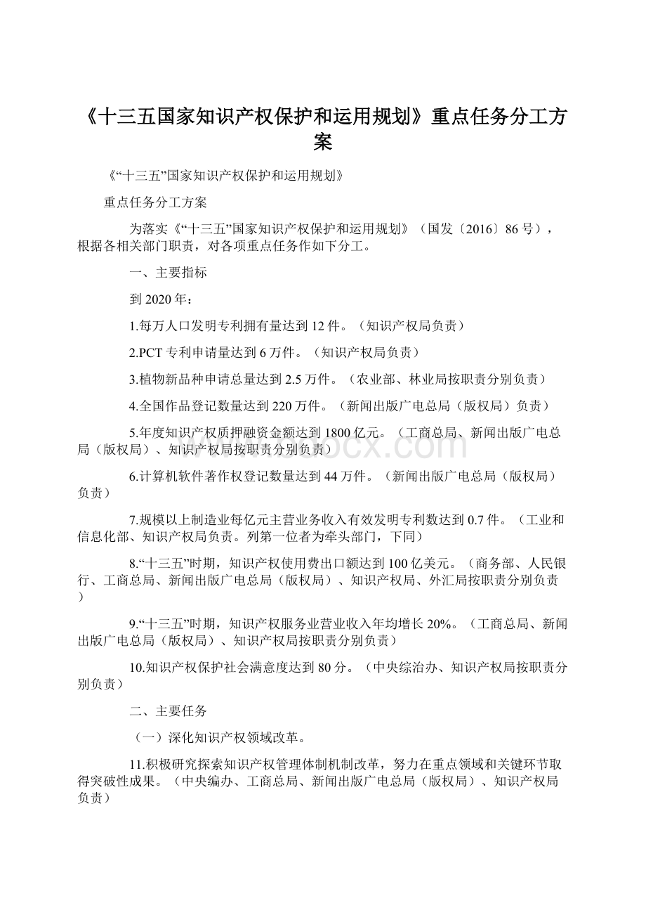 《十三五国家知识产权保护和运用规划》重点任务分工方案.docx