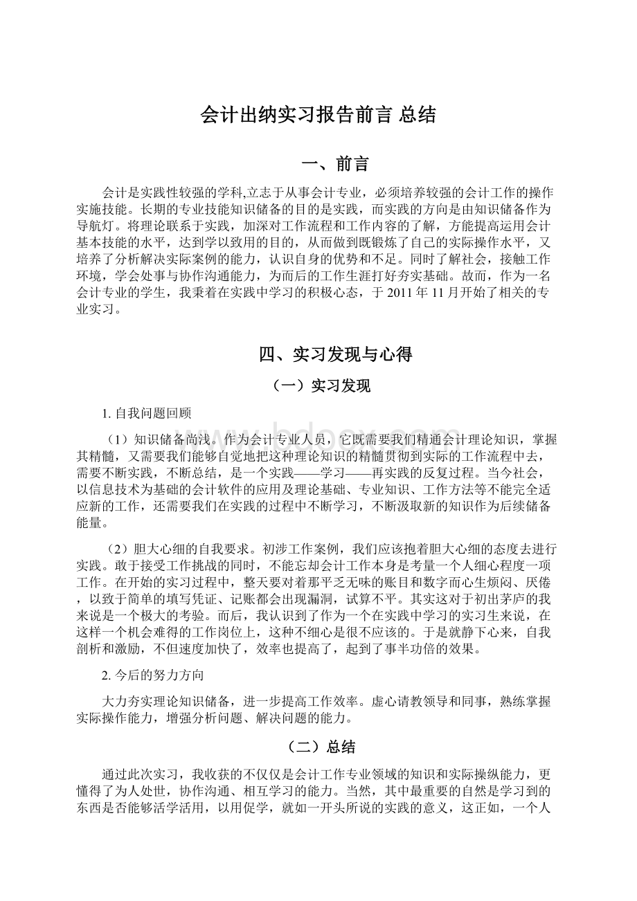 会计出纳实习报告前言 总结文档格式.docx