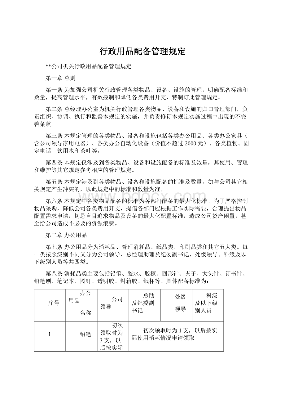 行政用品配备管理规定Word文档下载推荐.docx