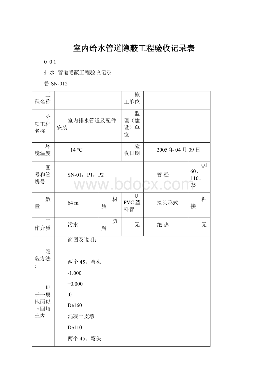 室内给水管道隐蔽工程验收记录表Word文档下载推荐.docx