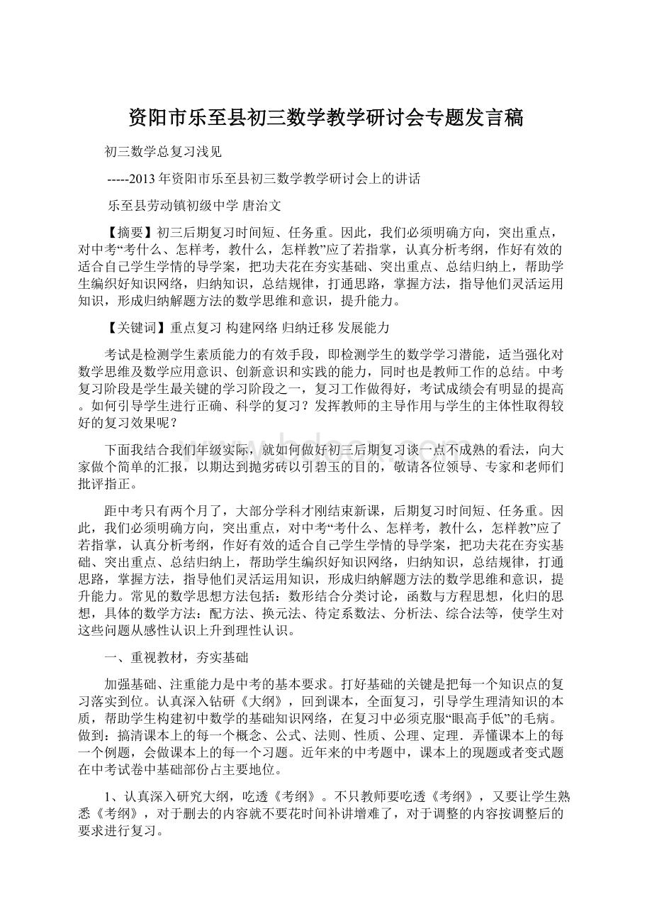 资阳市乐至县初三数学教学研讨会专题发言稿Word文档下载推荐.docx