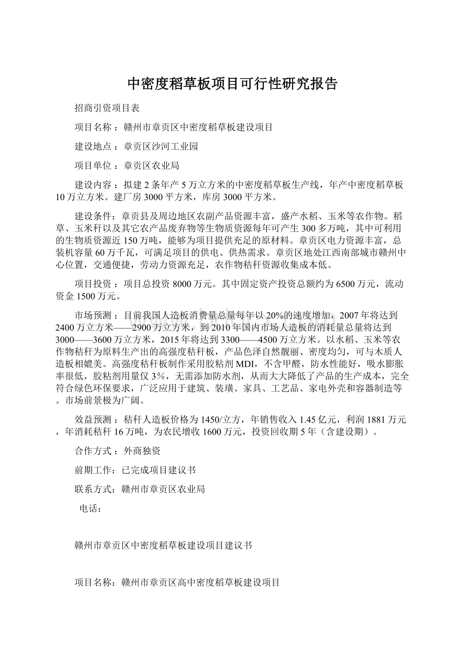 中密度稻草板项目可行性研究报告Word文档格式.docx