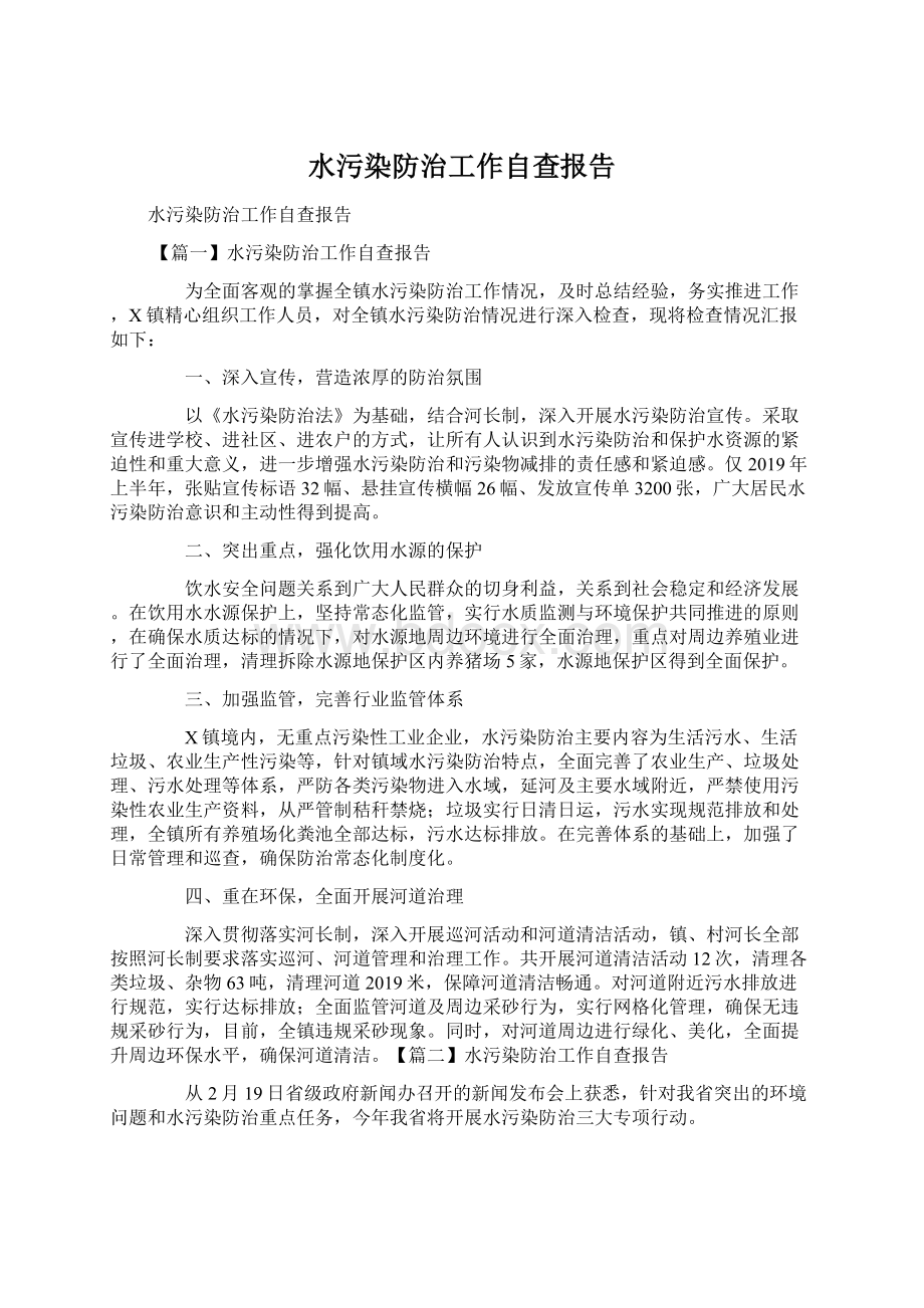 水污染防治工作自查报告Word格式文档下载.docx_第1页