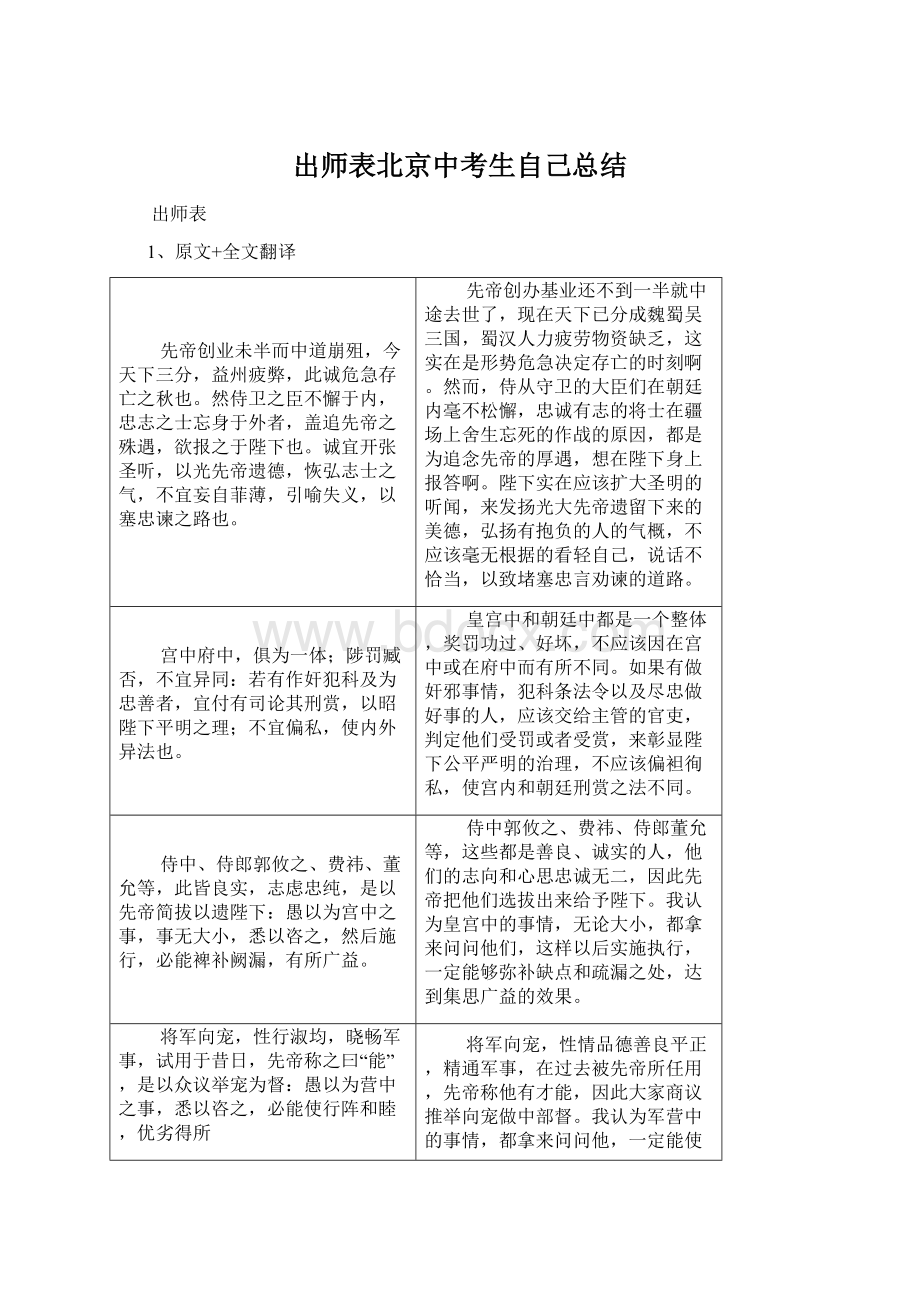 出师表北京中考生自己总结Word文件下载.docx