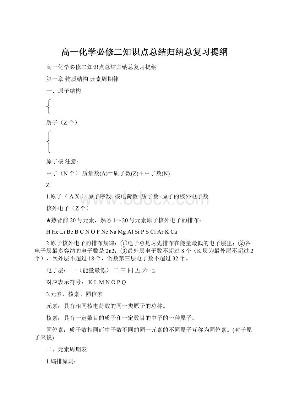 高一化学必修二知识点总结归纳总复习提纲.docx