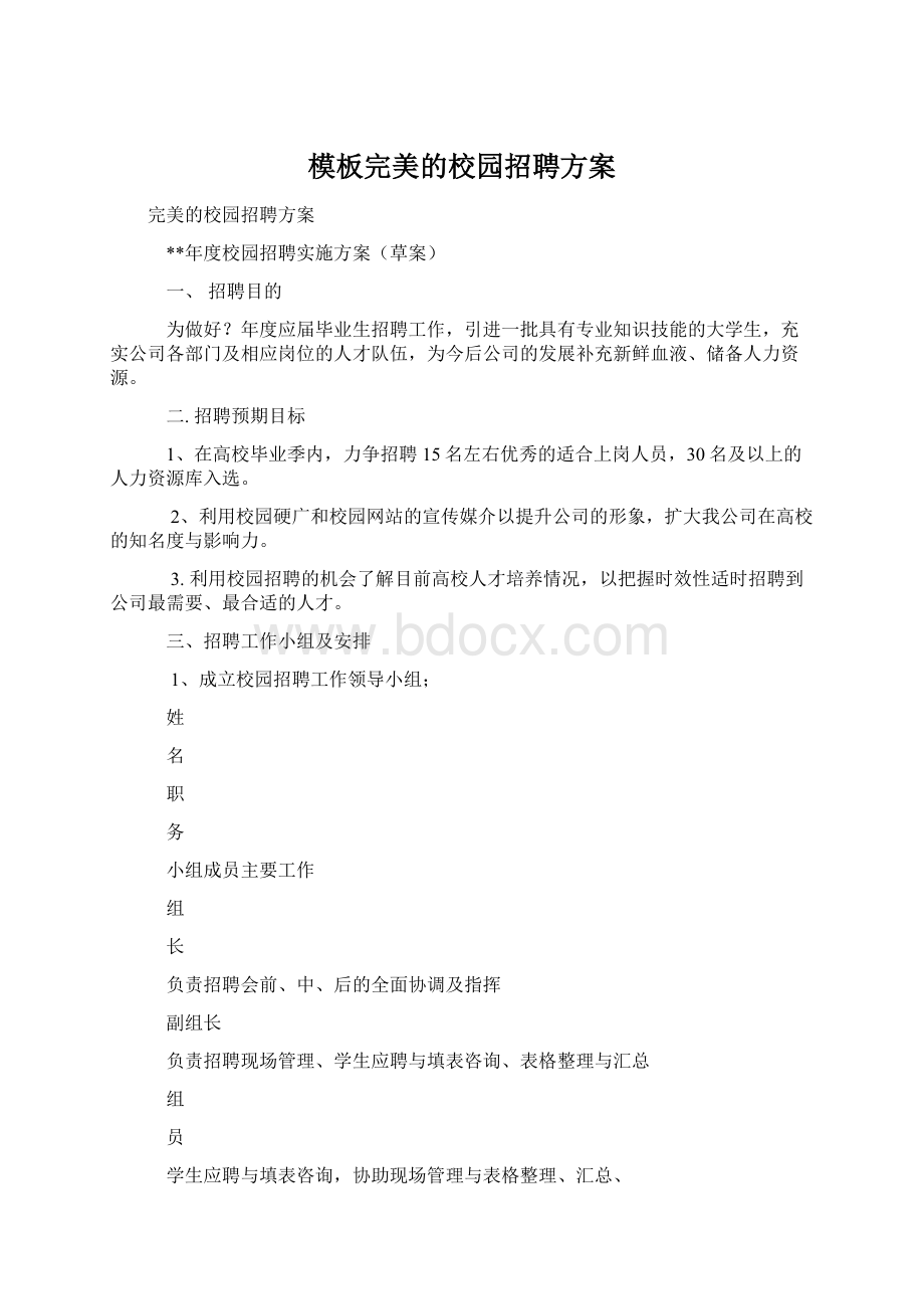 模板完美的校园招聘方案Word格式文档下载.docx