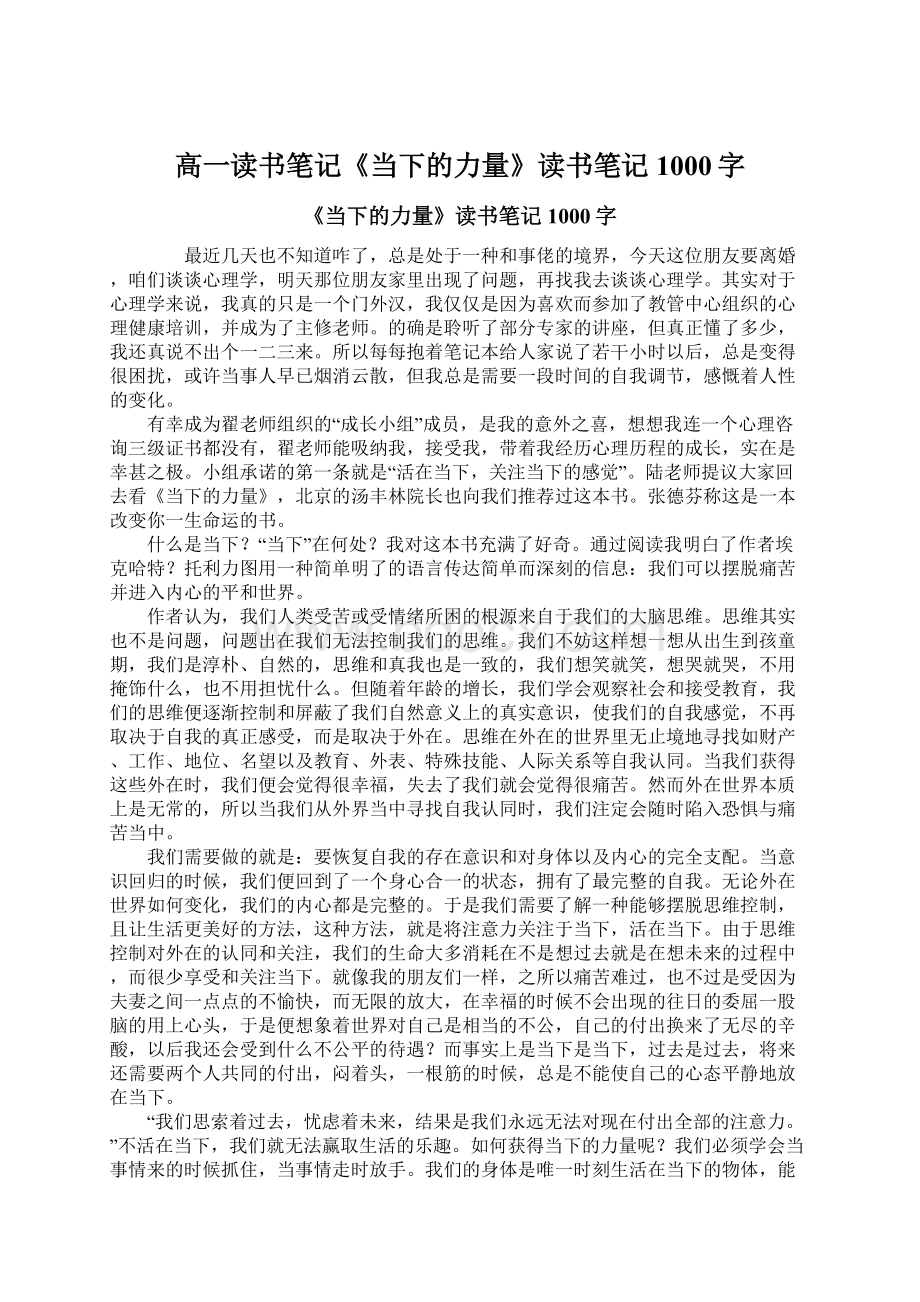 高一读书笔记《当下的力量》读书笔记1000字.docx_第1页