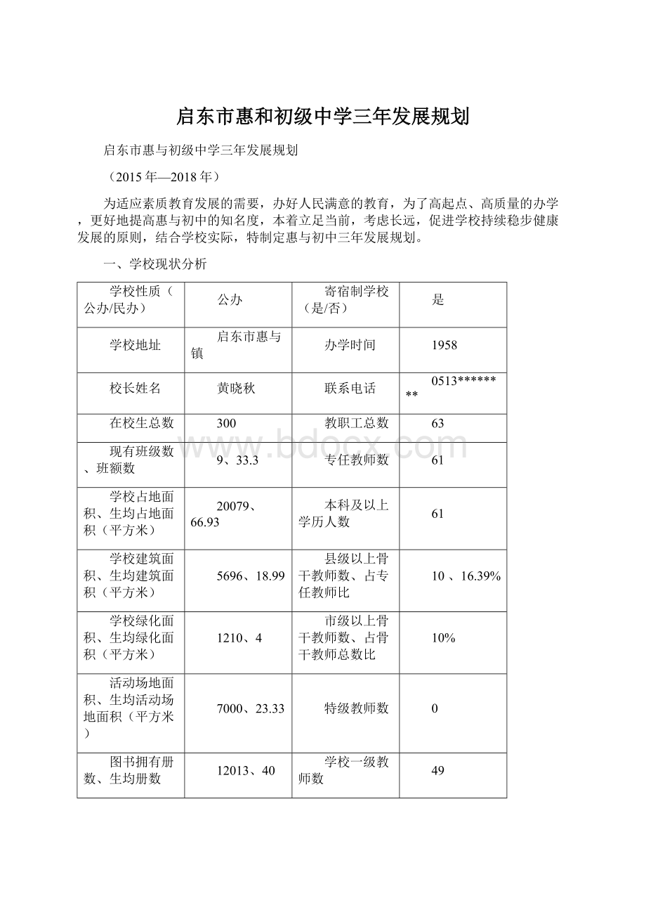 启东市惠和初级中学三年发展规划Word下载.docx