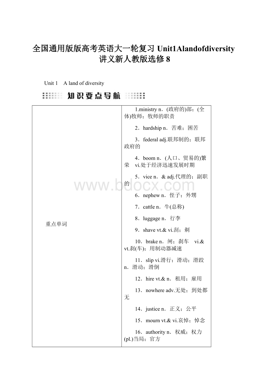 全国通用版版高考英语大一轮复习Unit1Alandofdiversity讲义新人教版选修8.docx