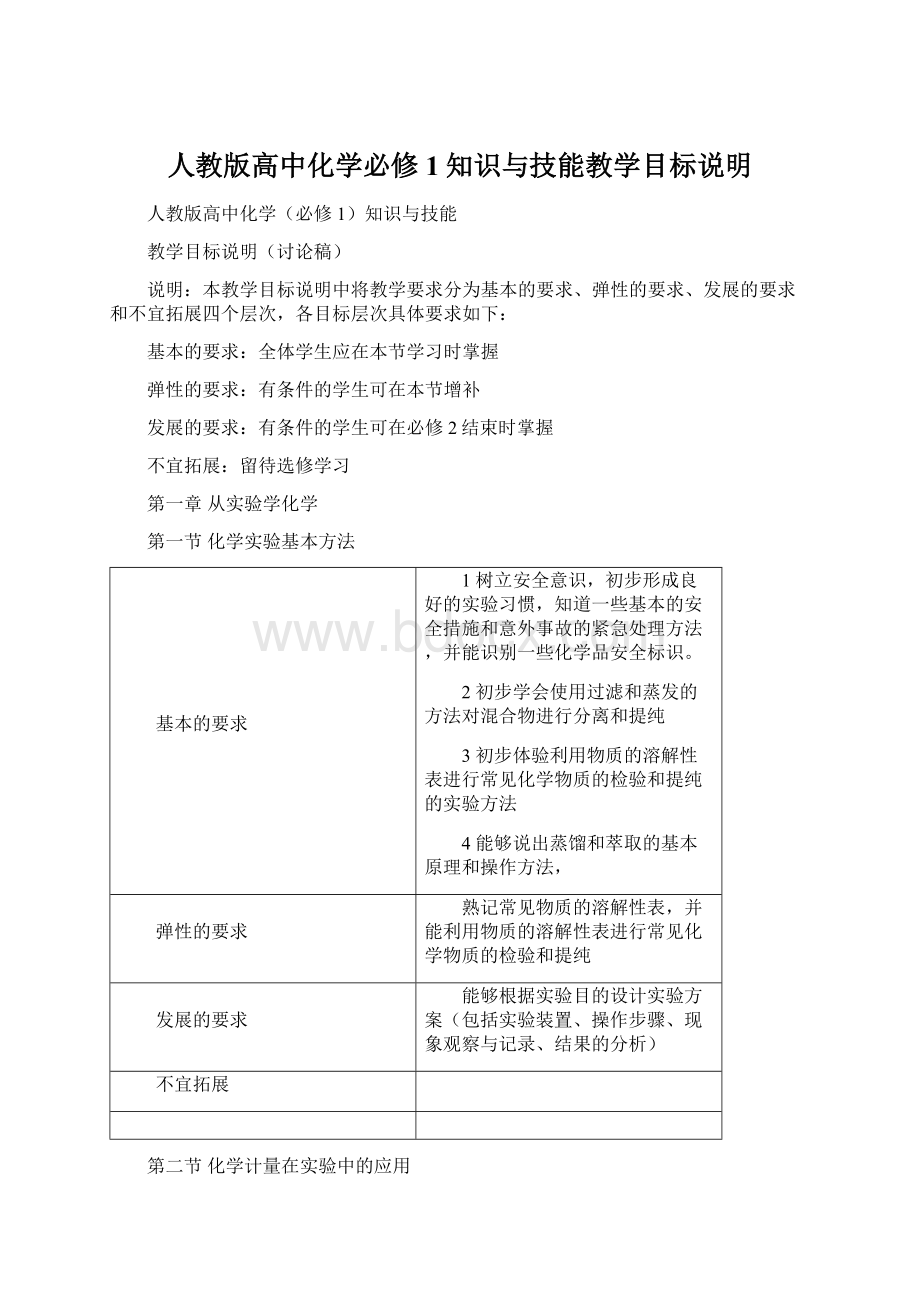 人教版高中化学必修1知识与技能教学目标说明.docx_第1页