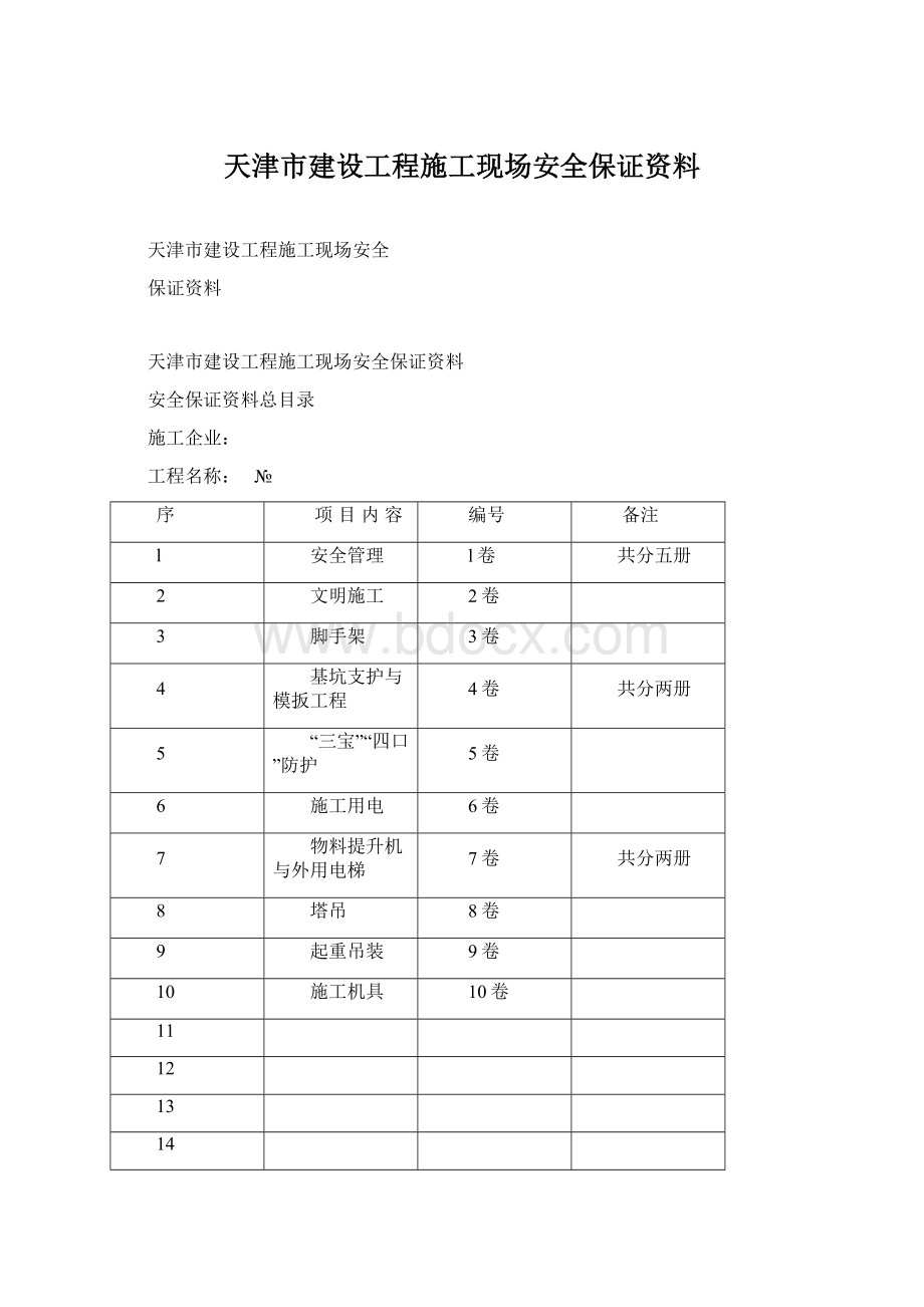 天津市建设工程施工现场安全保证资料Word下载.docx