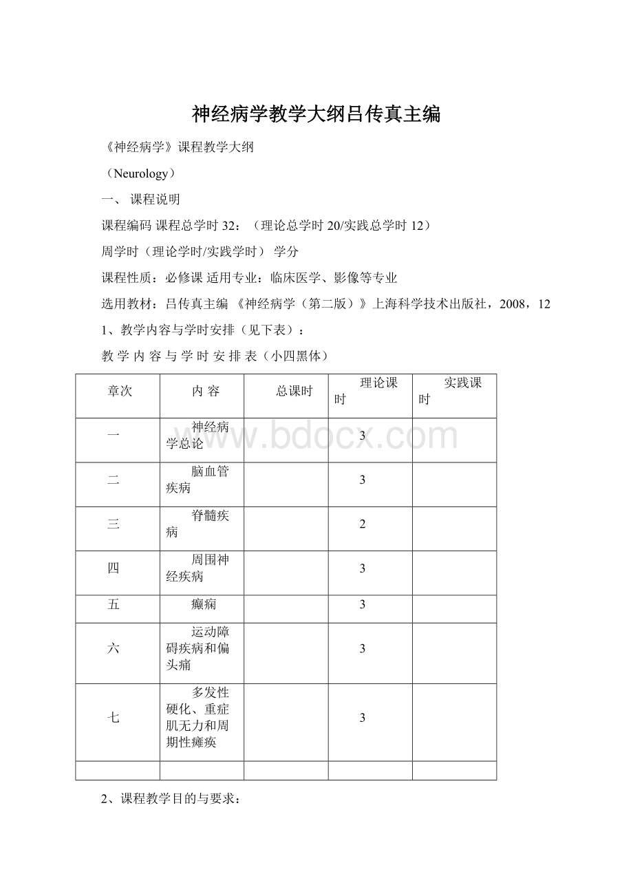 神经病学教学大纲吕传真主编Word格式.docx_第1页