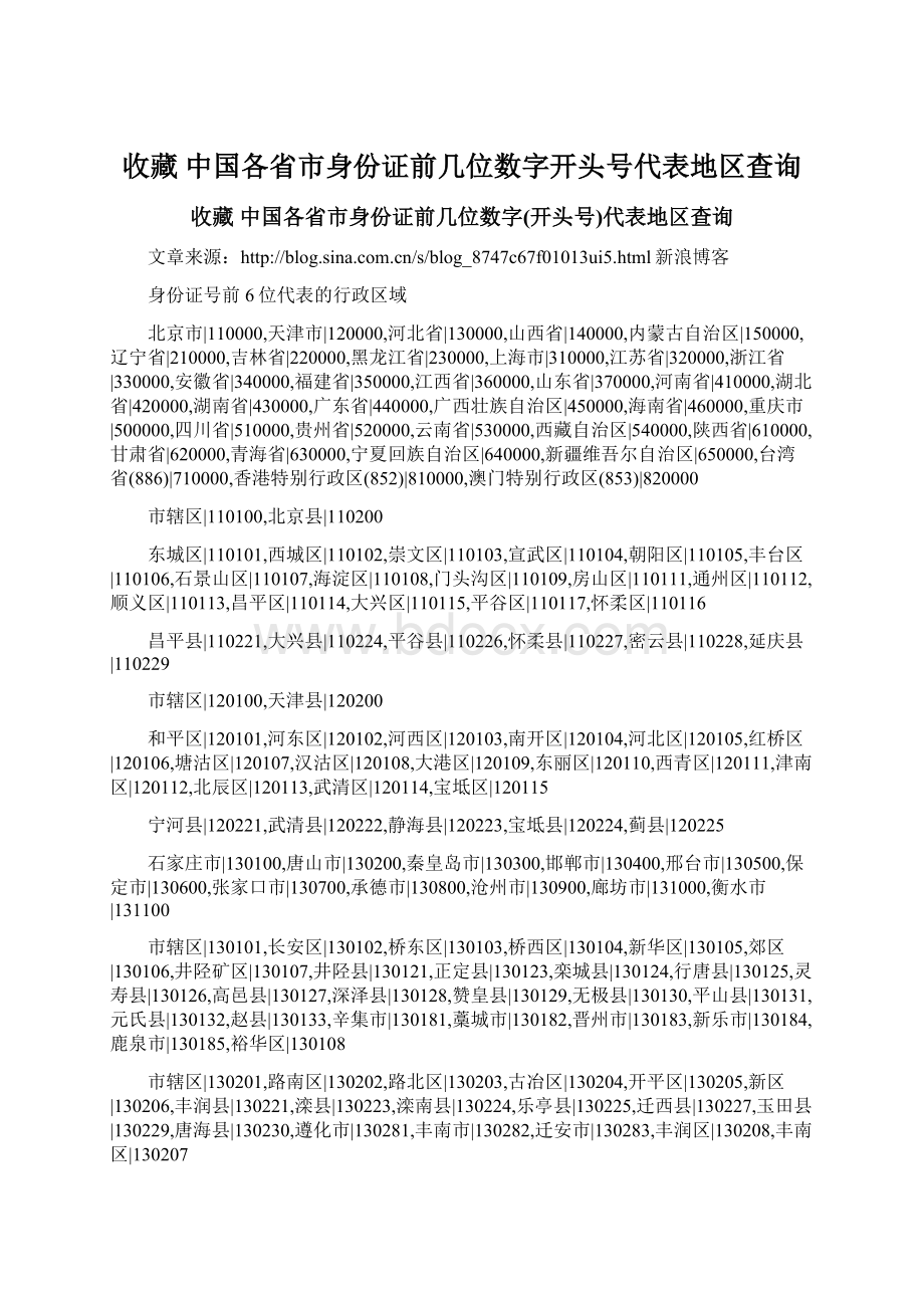 收藏 中国各省市身份证前几位数字开头号代表地区查询.docx