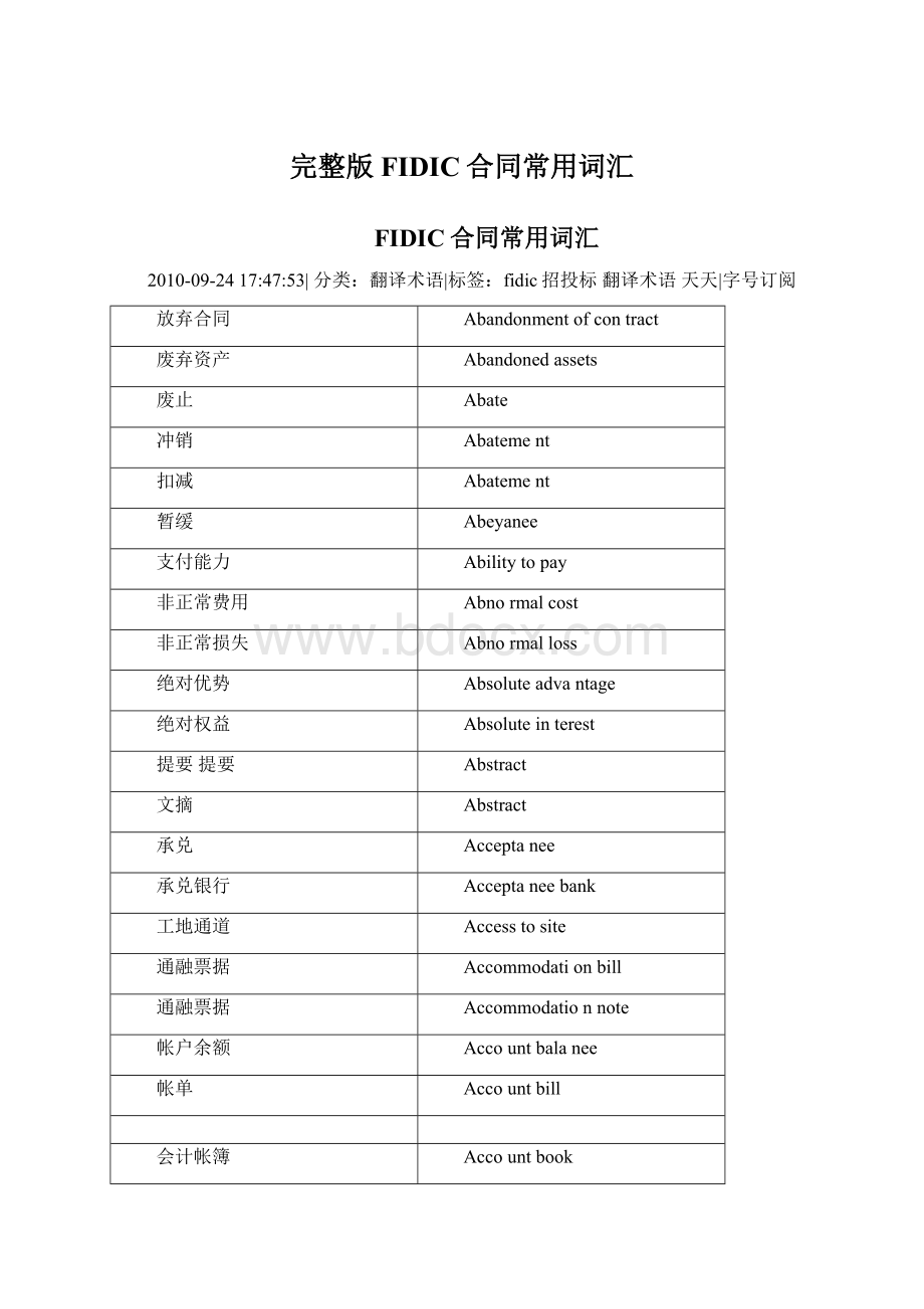 完整版FIDIC合同常用词汇Word下载.docx_第1页