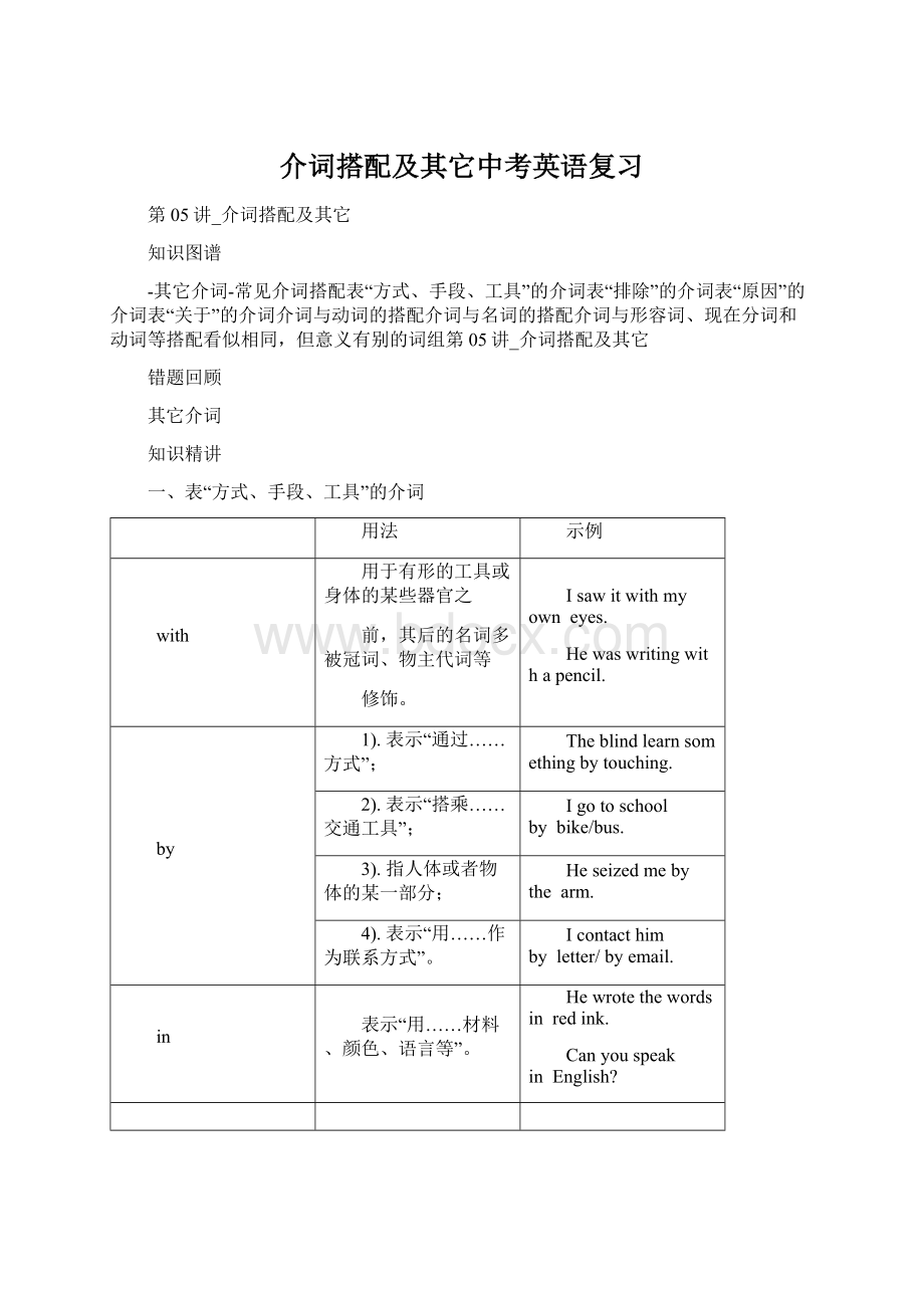 介词搭配及其它中考英语复习.docx_第1页