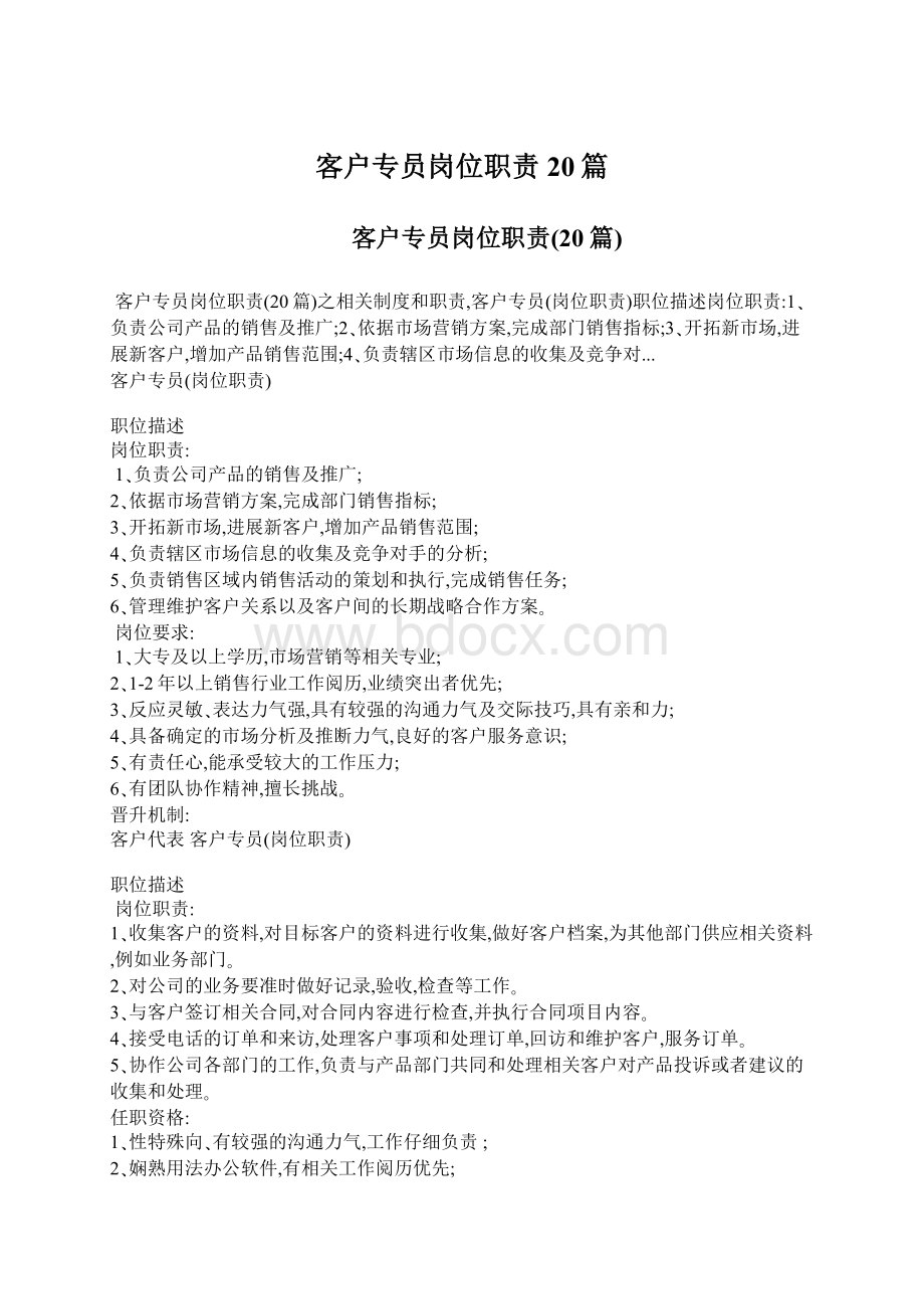 客户专员岗位职责20篇Word格式文档下载.docx