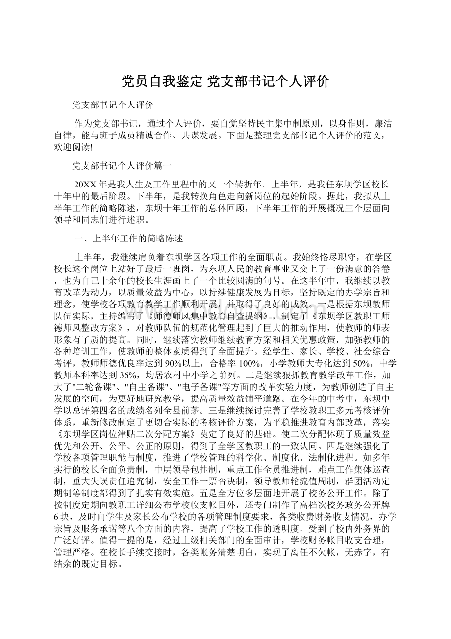 党员自我鉴定 党支部书记个人评价Word文档格式.docx_第1页