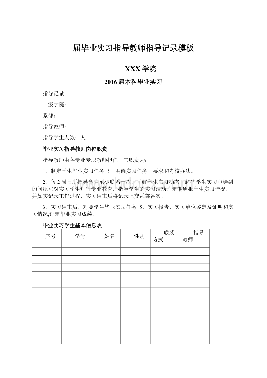 届毕业实习指导教师指导记录模板Word格式文档下载.docx