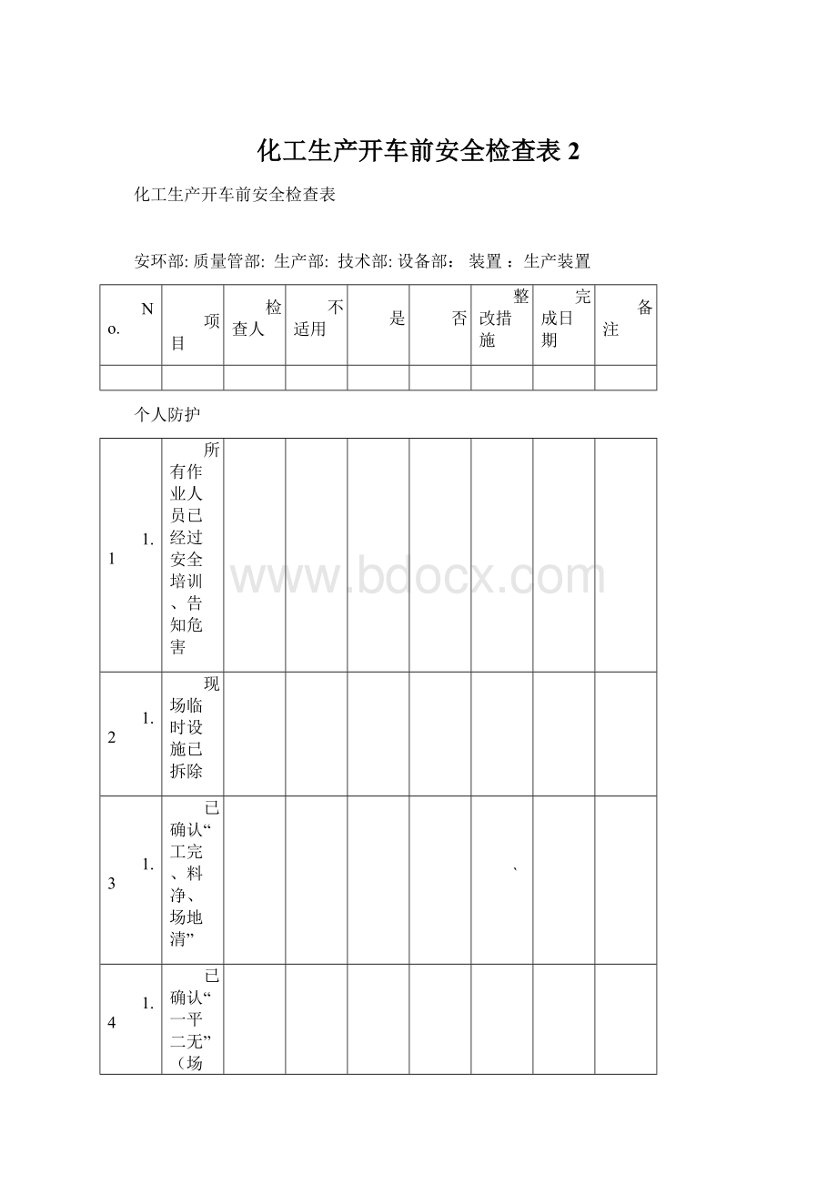 化工生产开车前安全检查表 2Word格式.docx