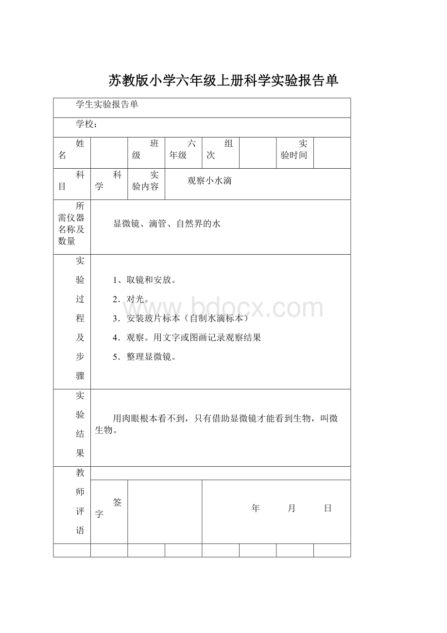 苏教版小学六年级上册科学实验报告单.docx