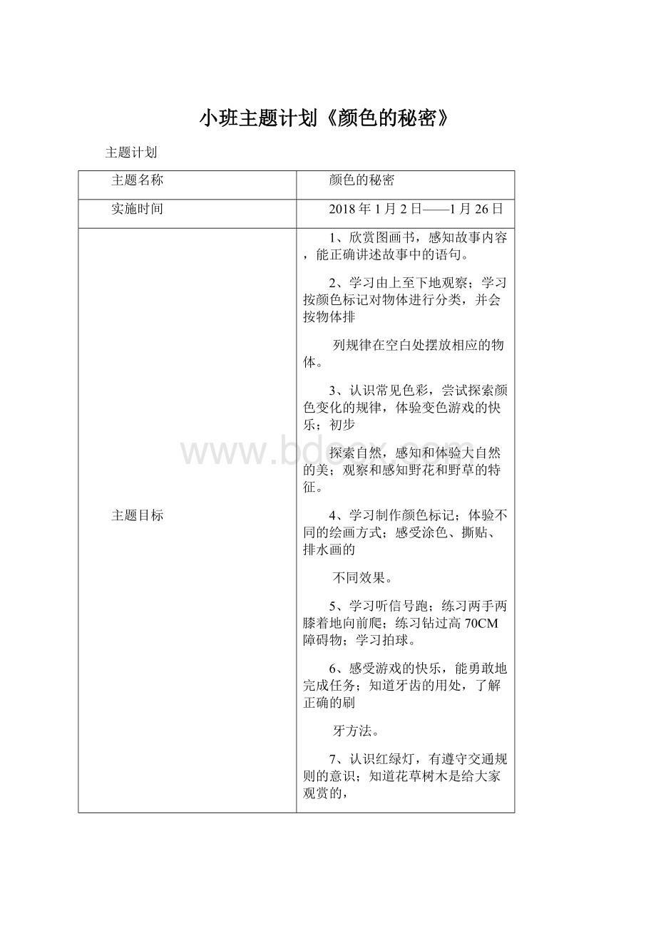 小班主题计划《颜色的秘密》Word文档格式.docx