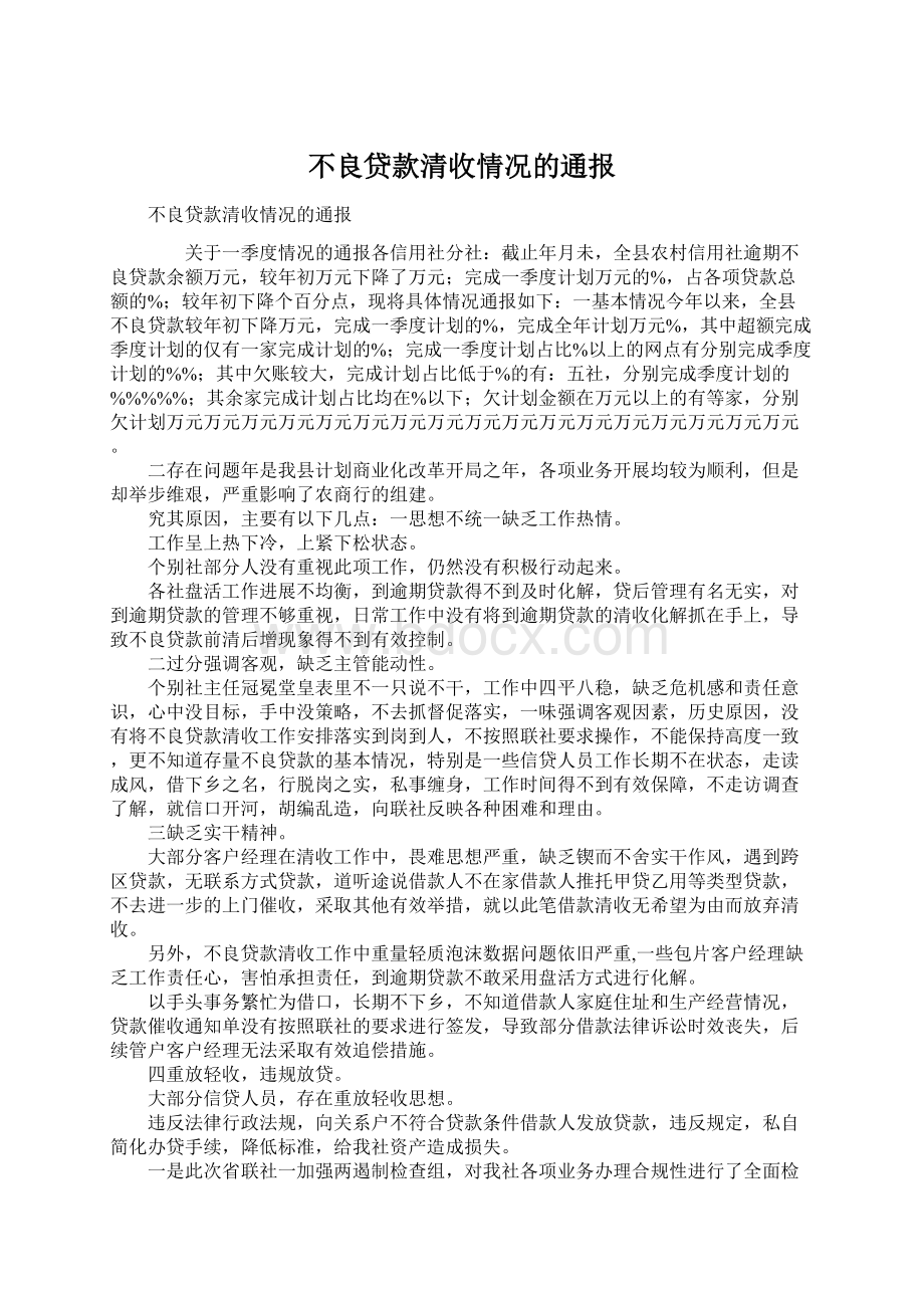 不良贷款清收情况的通报文档格式.docx