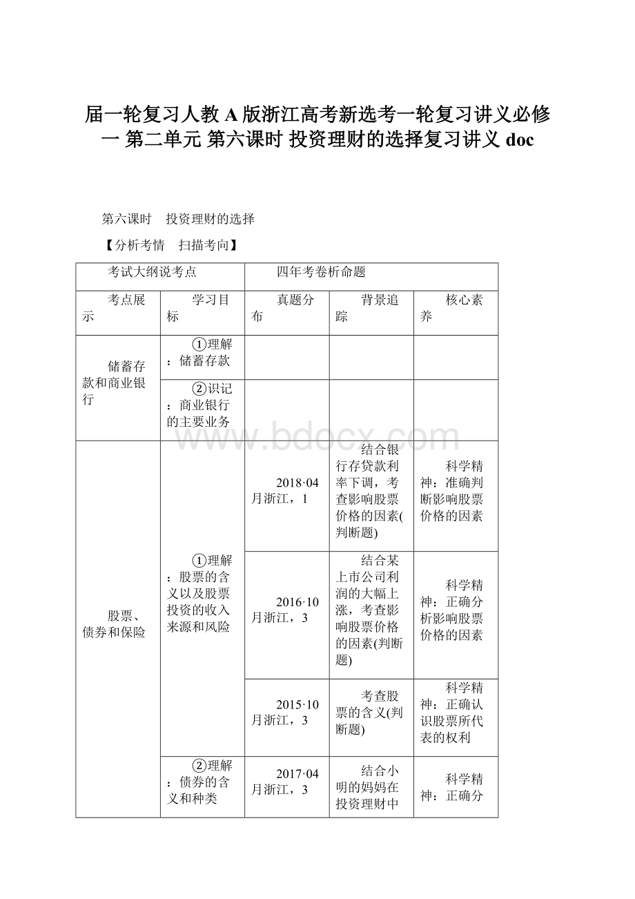 届一轮复习人教A版浙江高考新选考一轮复习讲义必修一 第二单元 第六课时 投资理财的选择复习讲义doc.docx_第1页