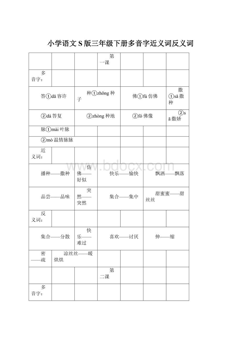 小学语文S版三年级下册多音字近义词反义词.docx_第1页