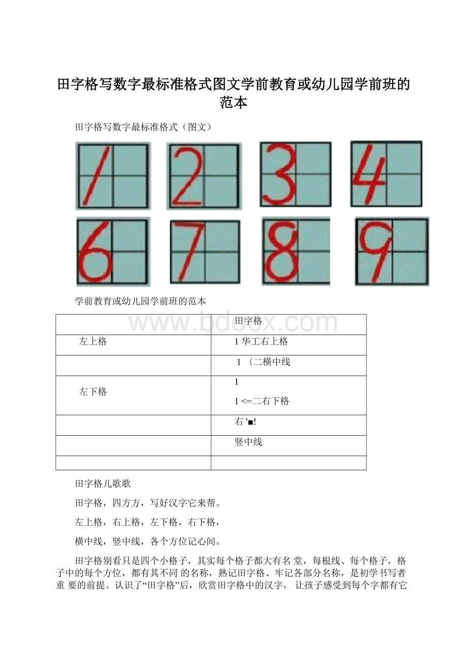 田字格写数字最标准格式图文学前教育或幼儿园学前班的范本.docx