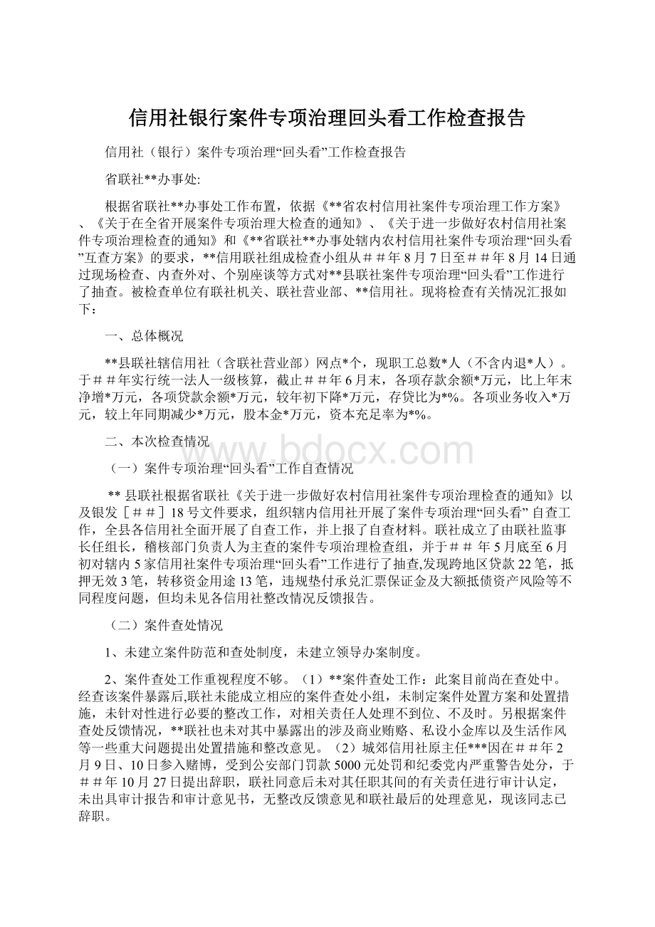 信用社银行案件专项治理回头看工作检查报告.docx