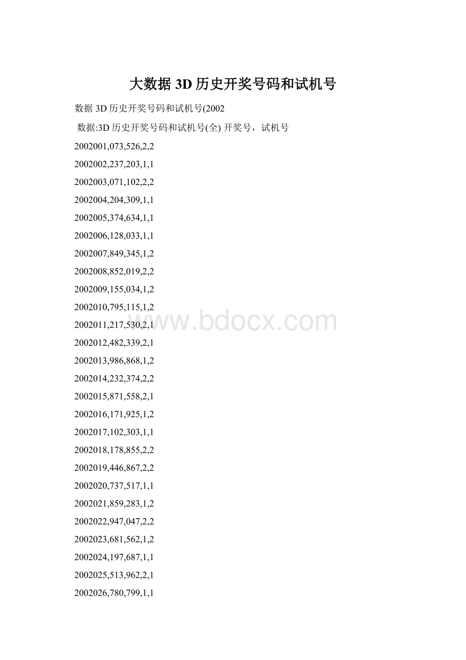 大数据3D历史开奖号码和试机号.docx