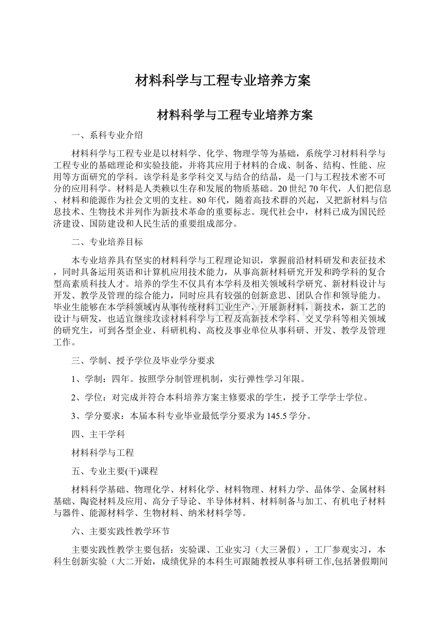 材料科学与工程专业培养方案Word文档下载推荐.docx_第1页