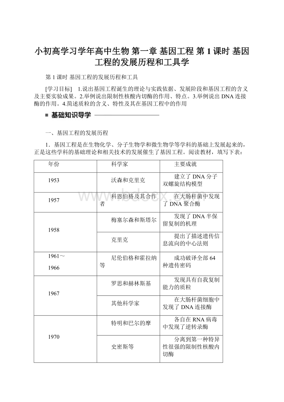 小初高学习学年高中生物 第一章 基因工程 第1课时 基因工程的发展历程和工具学Word下载.docx_第1页