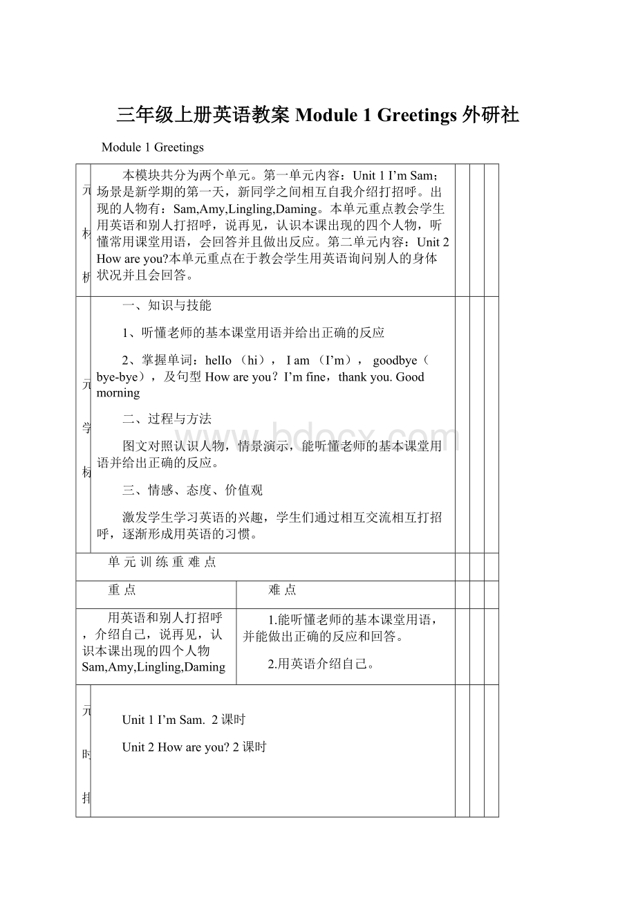 三年级上册英语教案 Module 1 Greetings外研社.docx_第1页