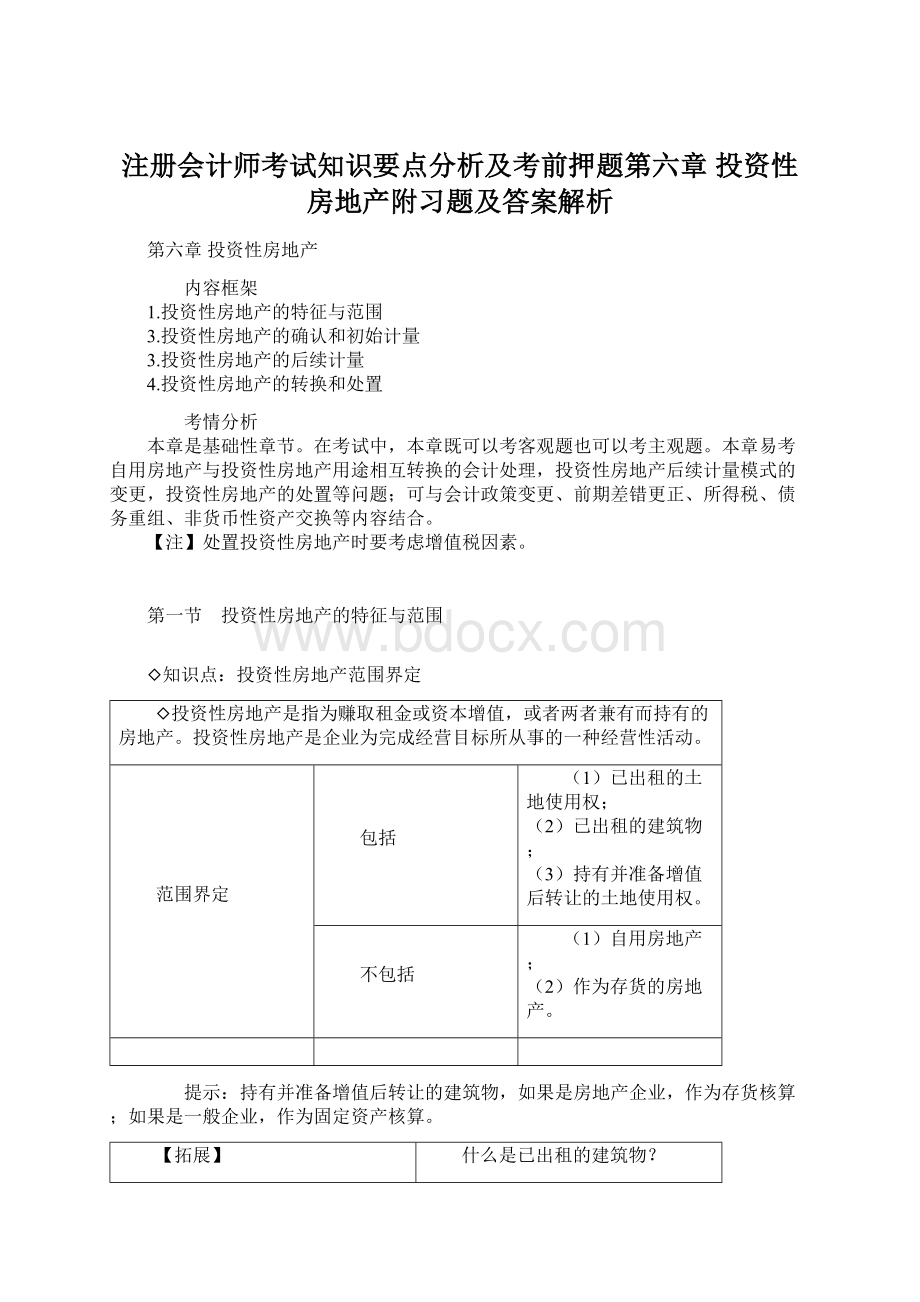 注册会计师考试知识要点分析及考前押题第六章 投资性房地产附习题及答案解析.docx