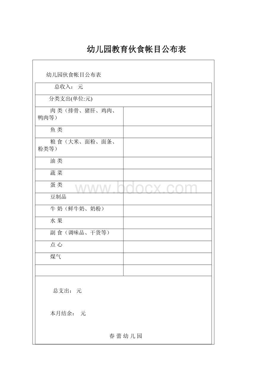 幼儿园教育伙食帐目公布表Word文件下载.docx