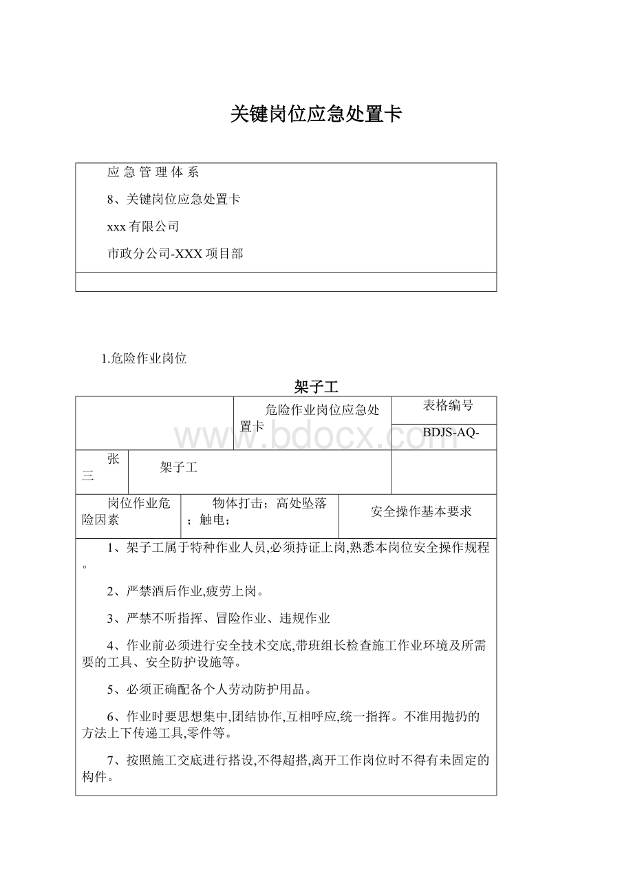 关键岗位应急处置卡Word格式文档下载.docx_第1页