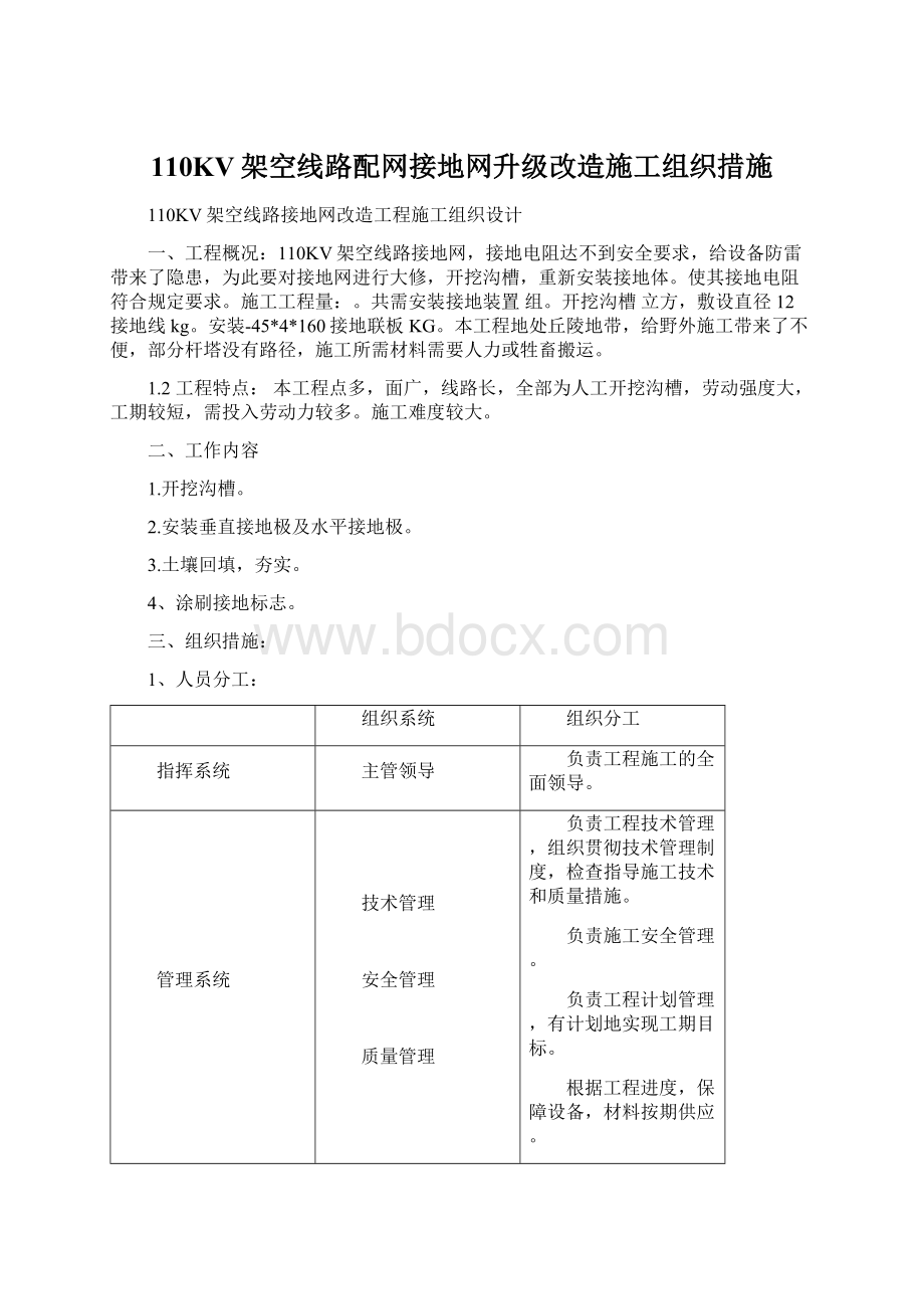 110KV架空线路配网接地网升级改造施工组织措施文档格式.docx