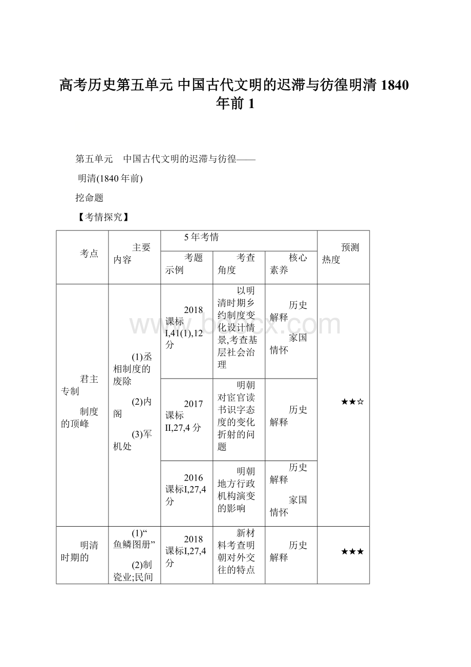 高考历史第五单元 中国古代文明的迟滞与彷徨明清1840年前1.docx