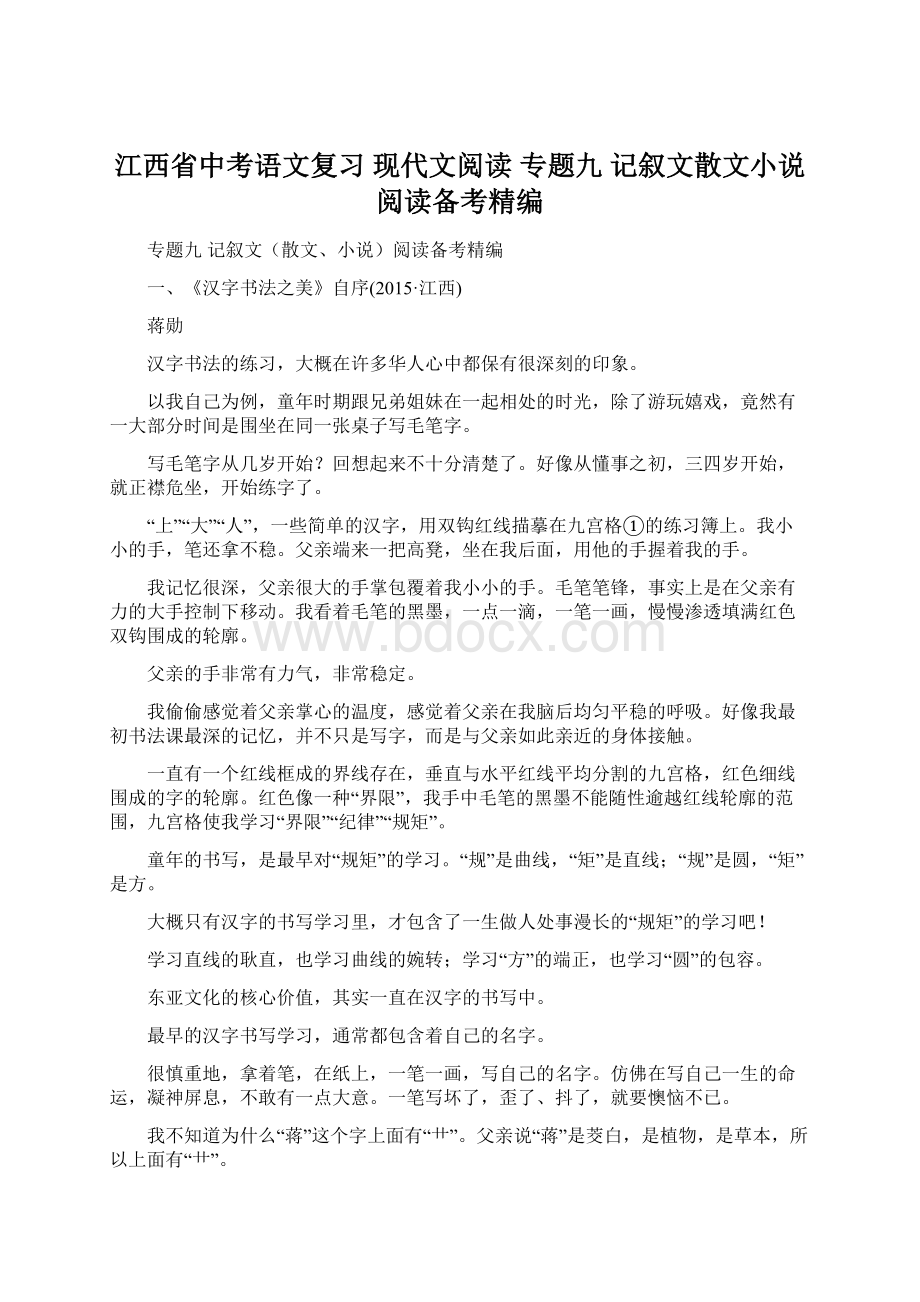 江西省中考语文复习 现代文阅读 专题九 记叙文散文小说阅读备考精编.docx_第1页