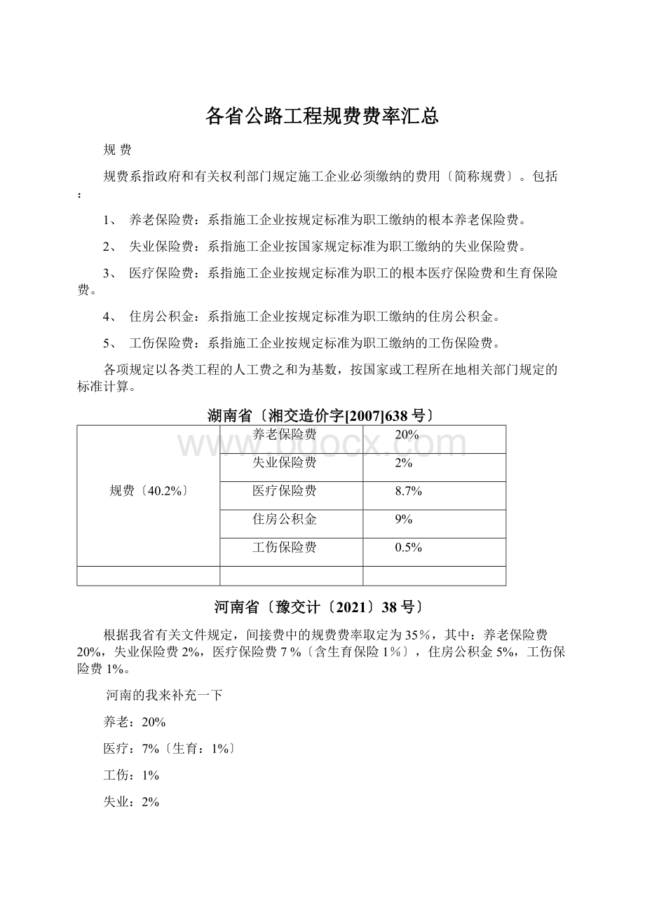 各省公路工程规费费率汇总文档格式.docx