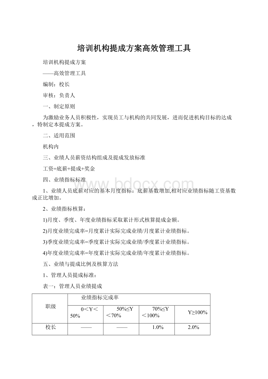 培训机构提成方案高效管理工具Word文档格式.docx