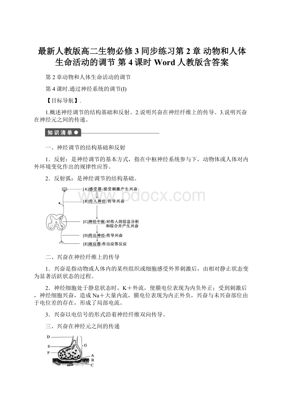 最新人教版高二生物必修3同步练习第2章 动物和人体生命活动的调节 第4课时 Word人教版含答案.docx_第1页