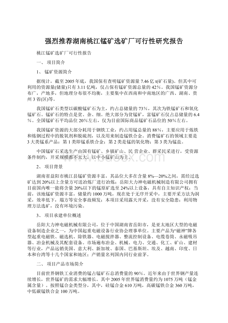 强烈推荐湖南桃江锰矿选矿厂可行性研究报告Word格式.docx