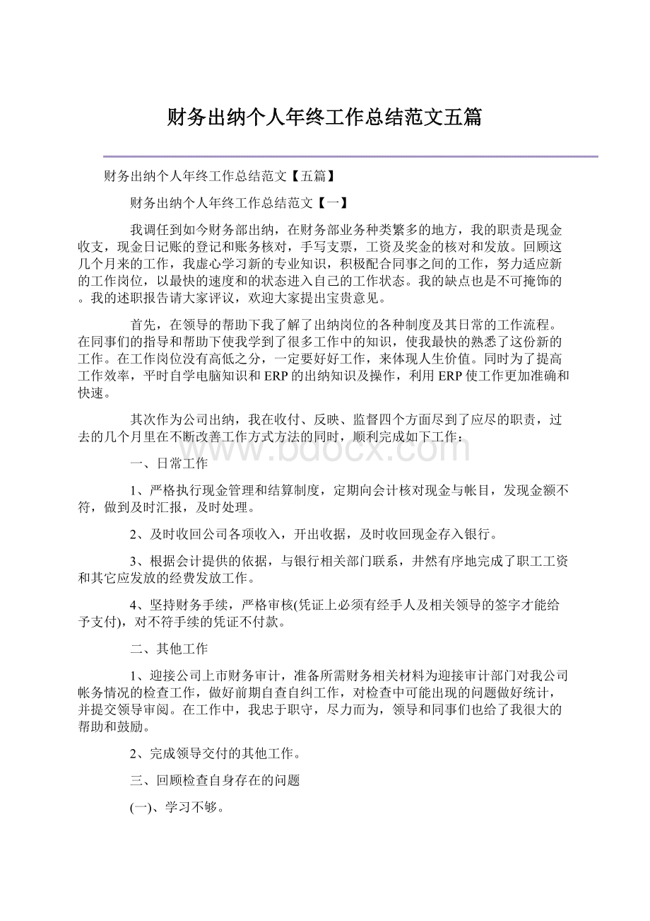 财务出纳个人年终工作总结范文五篇文档格式.docx