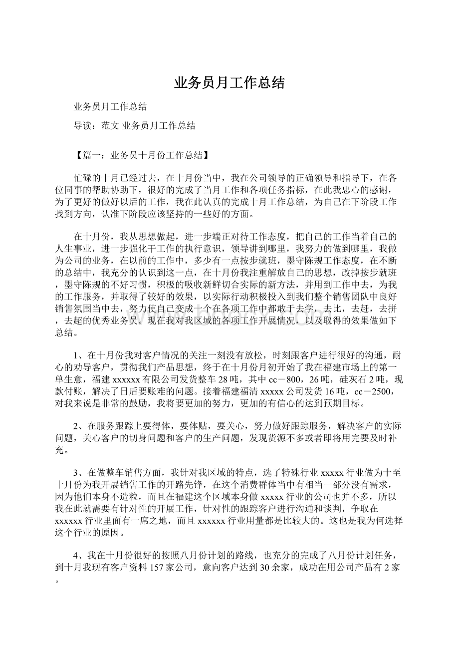 业务员月工作总结Word格式文档下载.docx_第1页