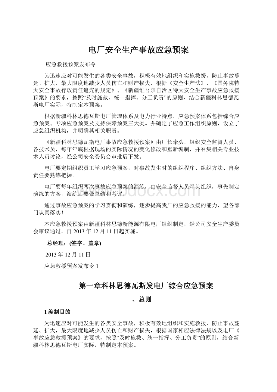 电厂安全生产事故应急预案文档格式.docx