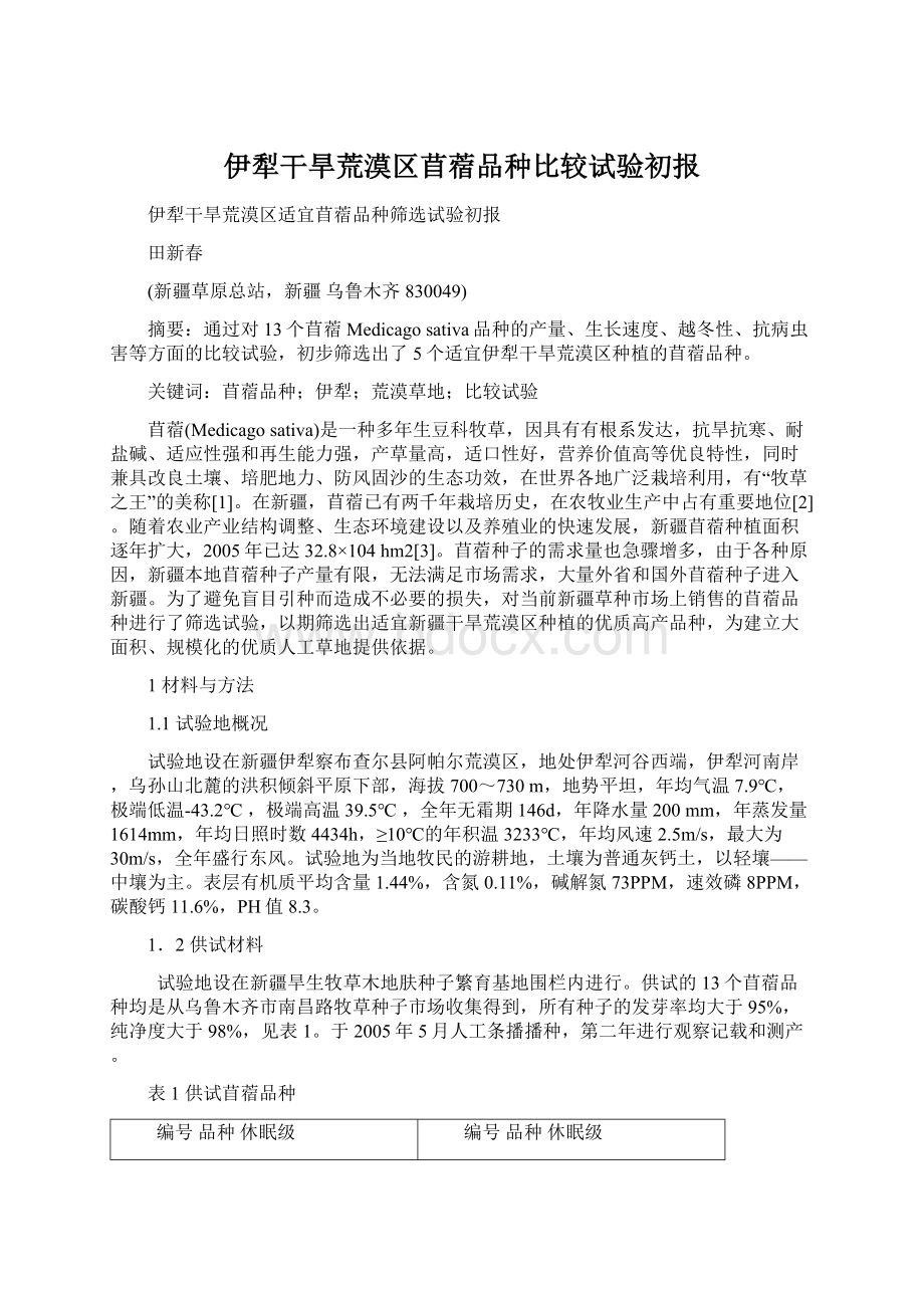 伊犁干旱荒漠区苜蓿品种比较试验初报Word文件下载.docx_第1页